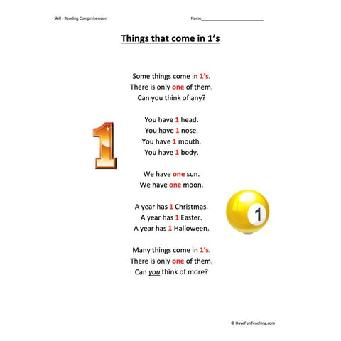 Things That Come in 1s Kindergarten Reading Comprehension Worksheet