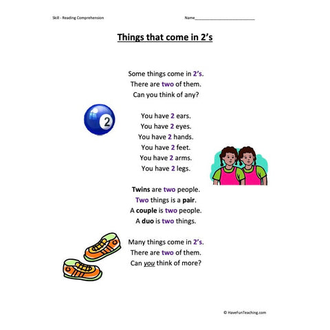 Things That Come in 2s Kindergarten Reading Comprehension Worksheet