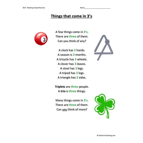 Things That Come in 3s Kindergarten Reading Comprehension Worksheet