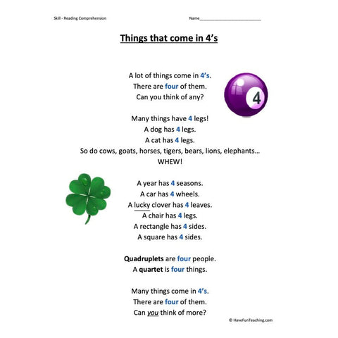 Things That Come in 4s Kindergarten Reading Comprehension Worksheet