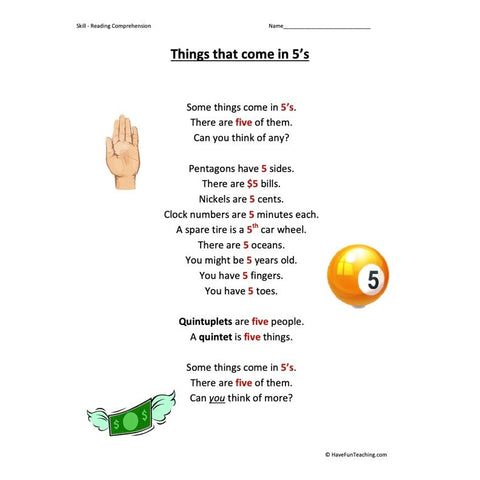 Things That Come in 5s Kindergarten Reading Comprehension Worksheet