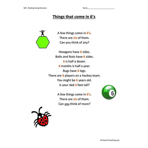 Things That Come in 6s Kindergarten Reading Comprehension Worksheet