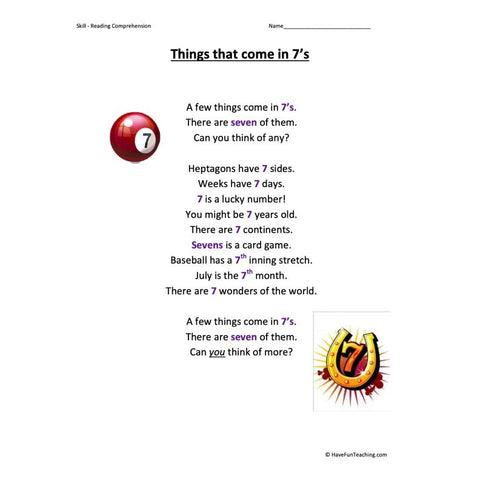 Things That Come in 7s Kindergarten Reading Comprehension Worksheet