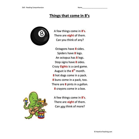Things That Come in 8s Kindergarten Reading Comprehension Worksheet