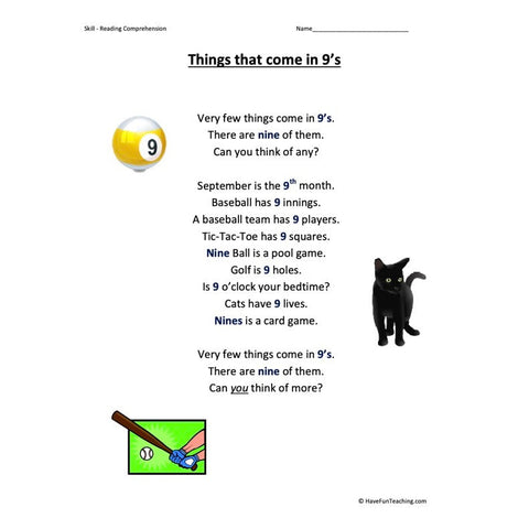 Things That Come in 9s Kindergarten Reading Comprehension Worksheet