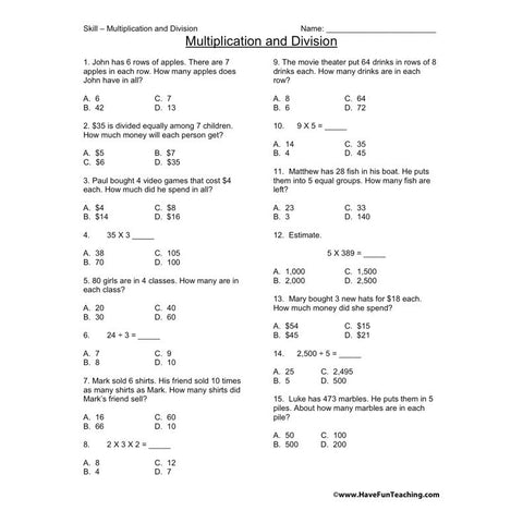 Test Practice Multiplication Division Worksheet