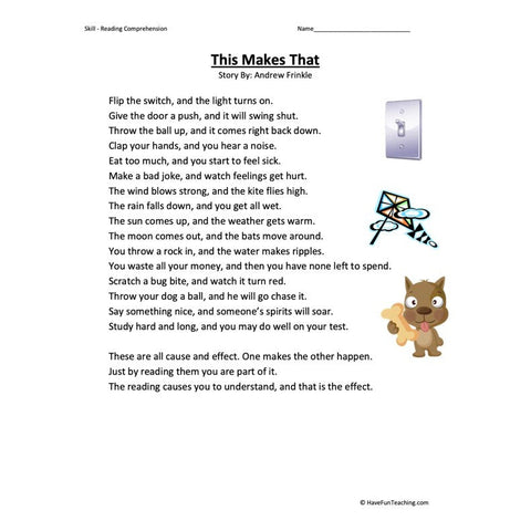 This Makes That Reading Comprehension Worksheet