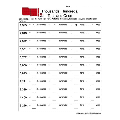 Thousands Hundreds Tens Ones Worksheet