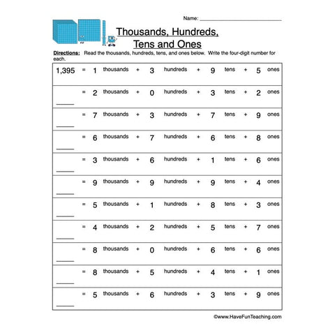 Thousands Hundreds Tens Ones Worksheet 2