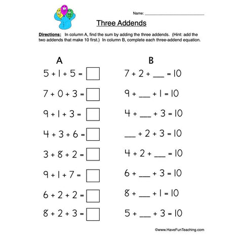 Three Addends Worksheet