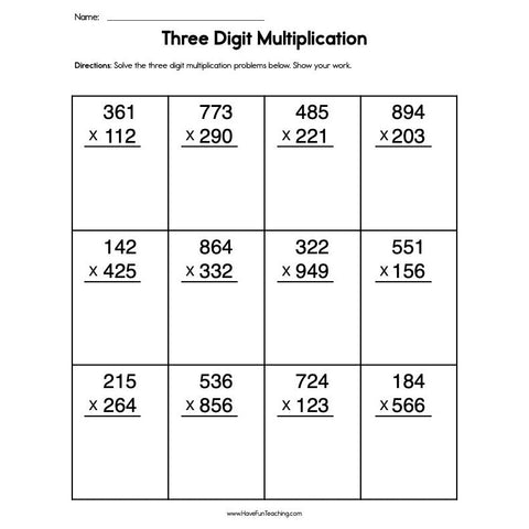 Three Digit Multiplication Worksheet