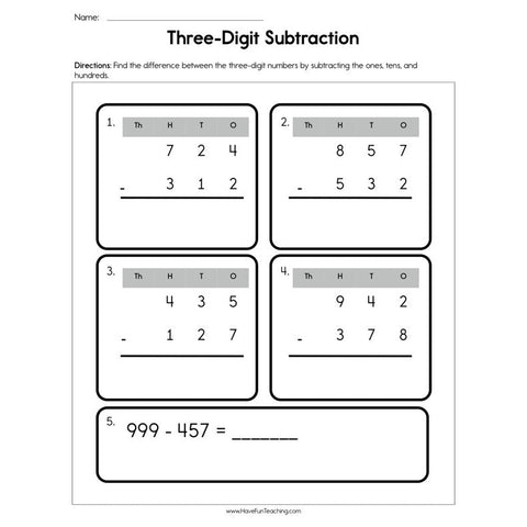 Three Digit Subtraction Worksheet