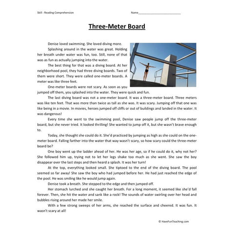 Three Meter Board Reading Comprehension Worksheet