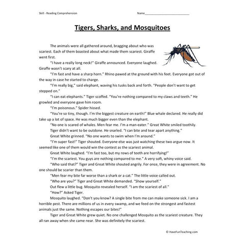 Tigers Sharks Mosquitoes Reading Comprehension Worksheet