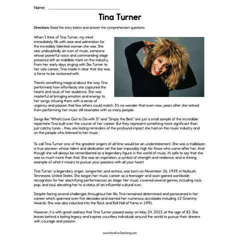Tina Turner Reading Comprehension Worksheet