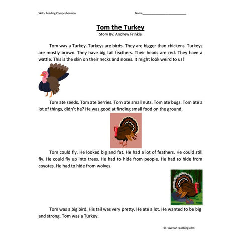 Tom the Turkey Reading Comprehension Worksheet