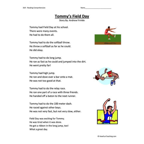 Tommys Field Day Reading Comprehension Worksheet