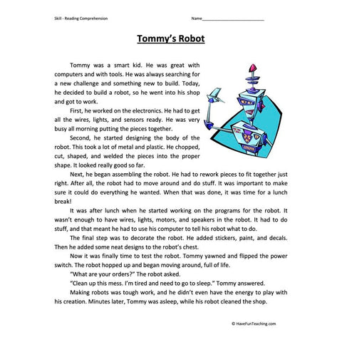 Tommys Robot Reading Comprehension Worksheet