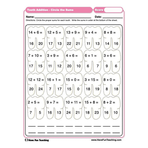 Tooth Addition Circle the Sums Worksheet