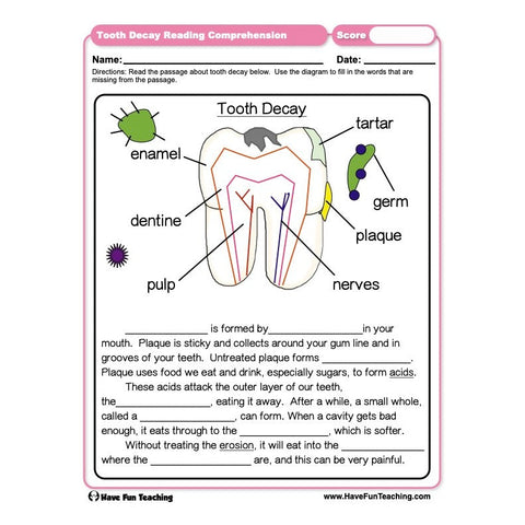 Tooth Decay Reading Comprehension Worksheet
