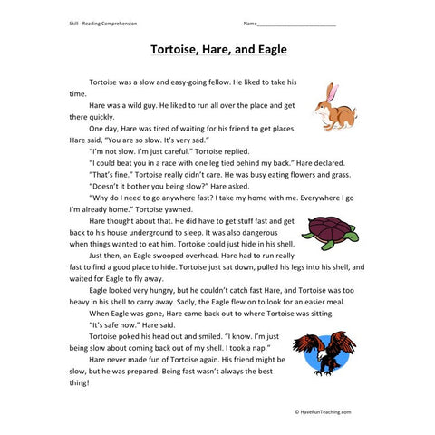 Tortoise Hare and Eagle Reading Comprehension Worksheet