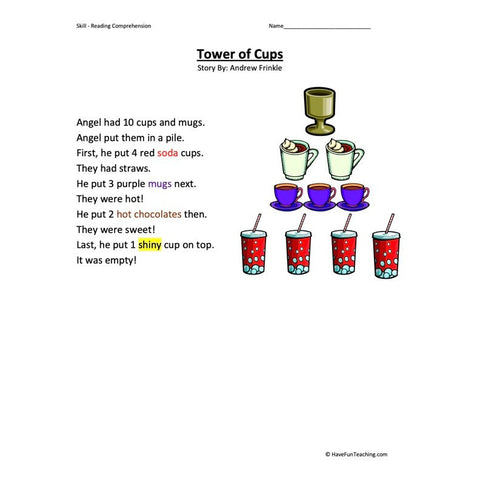 Tower of Cups Reading Comprehension Worksheet