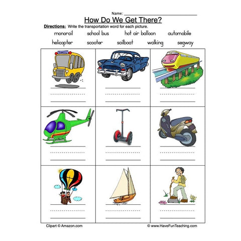 Transportation Names Worksheet