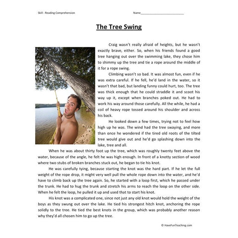 Tree Swing Reading Comprehension Worksheet