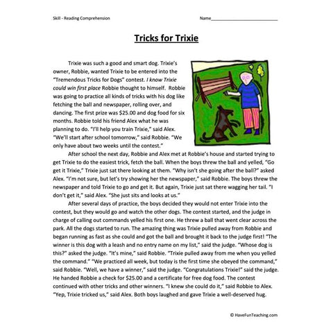 Tricks for Trixie Reading Comprehension Worksheet
