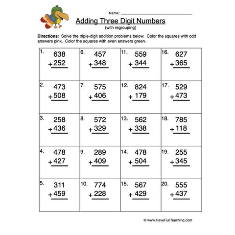 Triple Digit Addition Regroup Worksheet