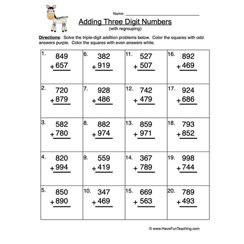 Triple Digit Addition Regroup Worksheet 3