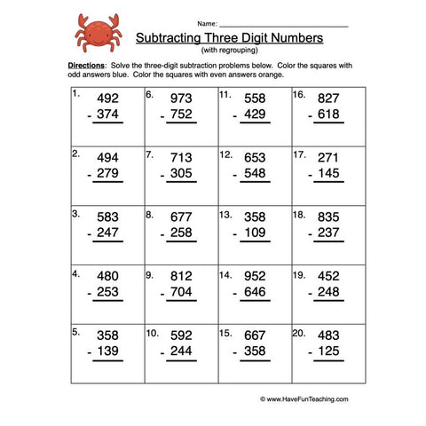 Triple Digit Subtraction Regroup Worksheet