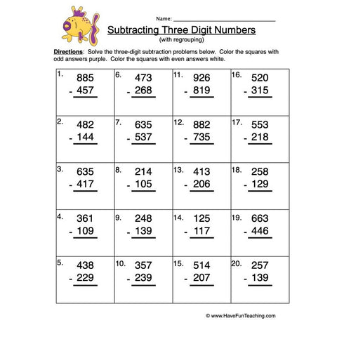 Triple Digit Subtraction Regroup Worksheet 2