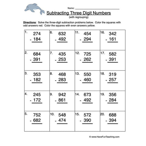 Triple Digit Subtraction Regroup Worksheet 3