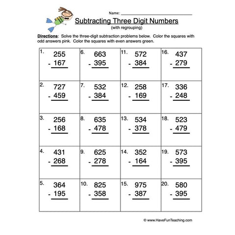 Triple Digit Subtraction Regroup Worksheet 4