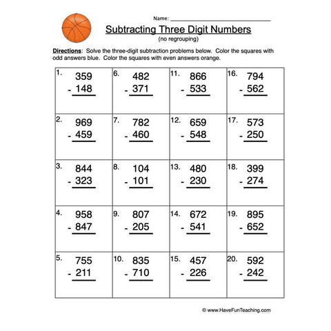 Triple Digit Subtraction Worksheet