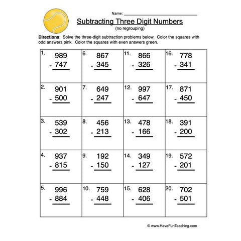 Triple Digit Subtraction Worksheet 3
