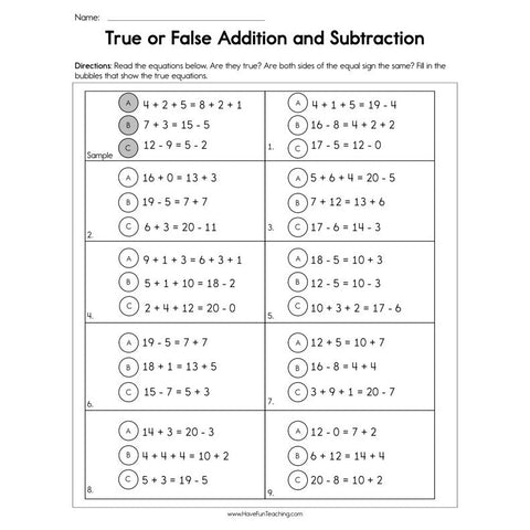 True or False Addition and Subtraction Worksheet