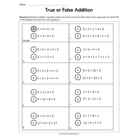 True or False Addition Worksheet