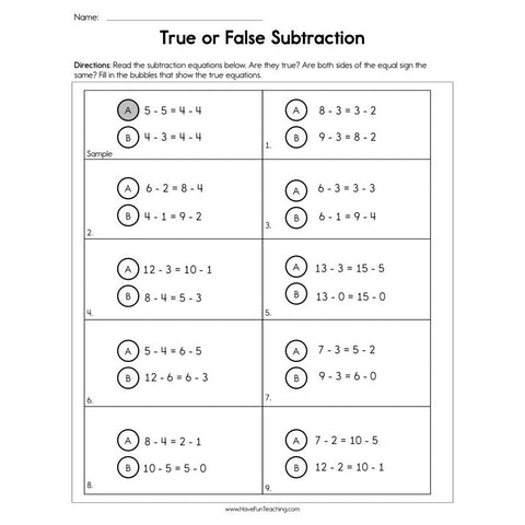True or False Subtraction Worksheet