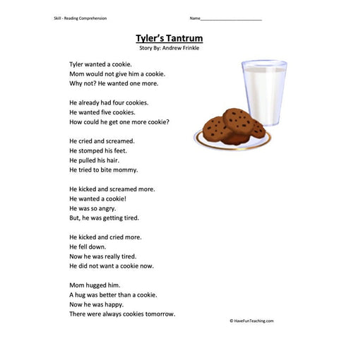 Tylers Tantrum Reading Comprehension Worksheet