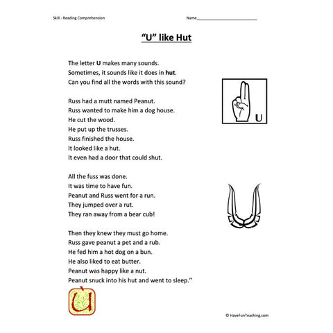 U Like Hut Reading Comprehension Worksheet
