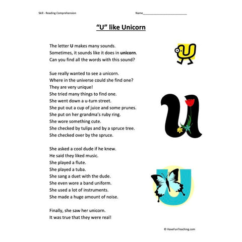 U Like Unicorn Reading Comprehension Worksheet