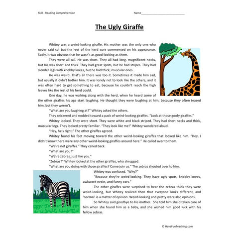 Ugly Giraffe Reading Comprehension Worksheet