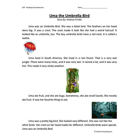 Uma the Umbrella Bird Reading Comprehension Worksheet