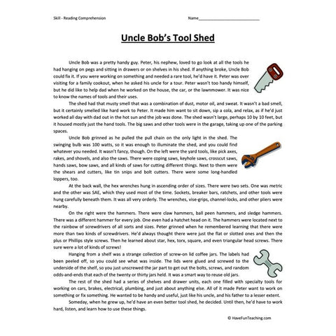 Uncle Bobs Tool Shed Reading Comprehension Worksheet