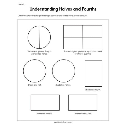 Understanding Halves and Fourths Worksheet