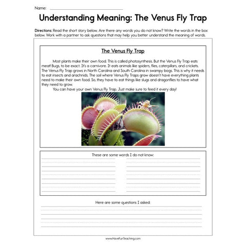 Understanding Meaning the Venus Fly Trap Worksheet