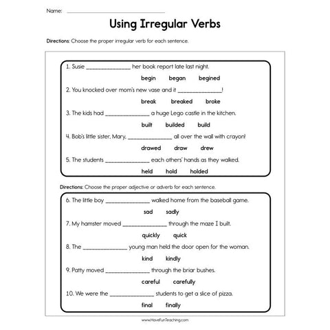Use Irregular Verbs Worksheet