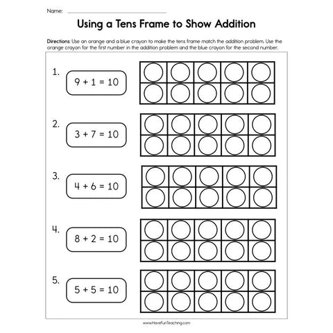 Using a Tens Frame to Show Addition Worksheet